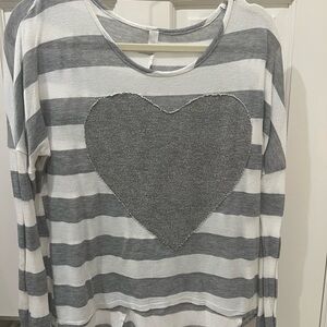 Gray and White Striped Heart Thin Sweater
